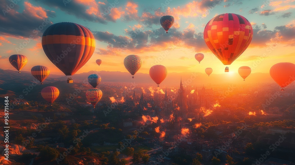 Colorful hot air balloons soaring over a scenic landscape at sunset. Colorful hot air balloons soaring over a scenic landscape at sunset.
