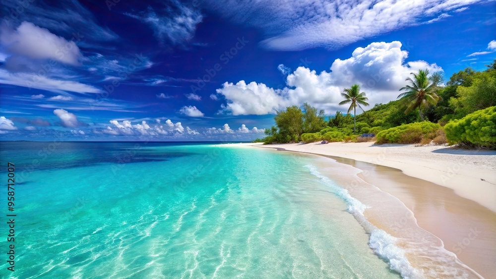 Obraz premium A serene beach with crystal blue water and white sandy shore offering a tranquil setting for a perfect weekend getaway, serene, relaxation, seaside, tropical, leisure, outdoor, peaceful