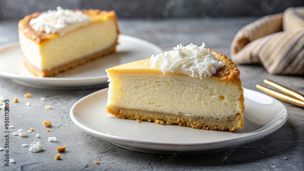 delicious, tropical,coconut cheesecake, Piece of coconut cheesecake with a creamy texture and a golden crust served on a white porcelain plate garnished with shredded fresh coconut delicious, tropical,coconut cheesecake, Piece of coconut cheesecake with a creamy texture and a golden crust served on a white porcelain plate garnished with shredded fresh coconut
