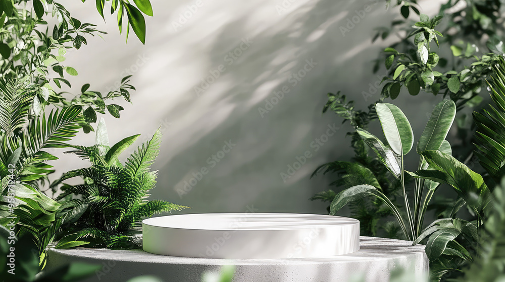 A chic white podium placed against a 3D abstract minimal background, surrounded by a vibrant green forest. A chic white podium placed against a 3D abstract minimal background, surrounded by a vibrant green forest.