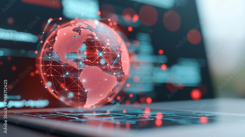 Red digital globe with particle effects, symbolizing global data networks and digital communication Red digital globe with particle effects, symbolizing global data networks and digital communication