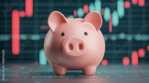 A pink piggy bank positioned against a background of stock market data, symbolizing investment, savings, and financial growth.