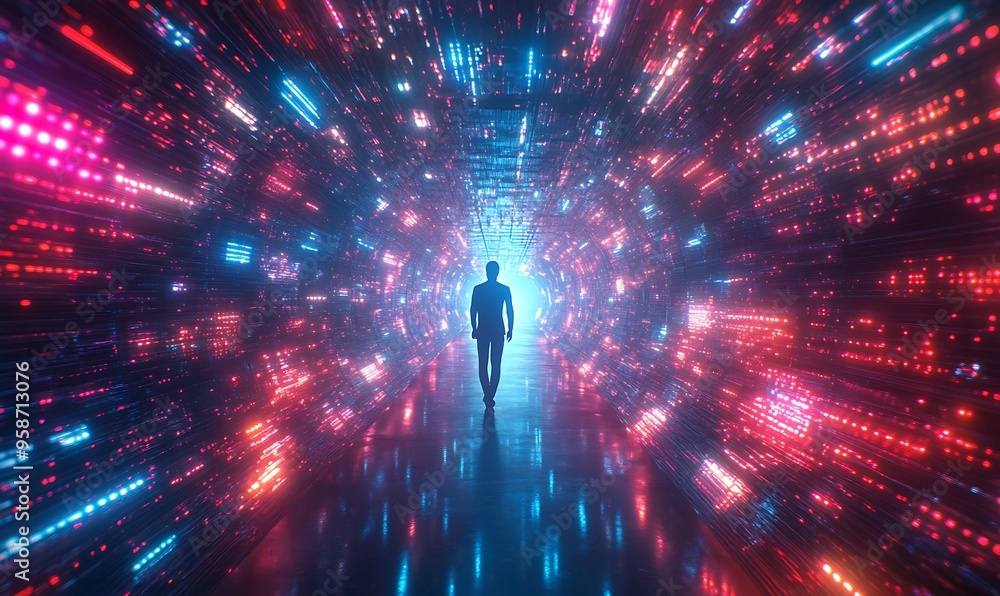 Silhouette of a Person Walking Through a Tunnel of Neon Lights Silhouette of a Person Walking Through a Tunnel of Neon Lights