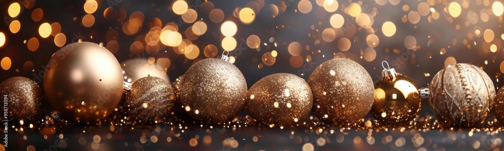 Many golden christmas ornaments on a table, banner, copy space Many golden christmas ornaments on a table, banner, copy space