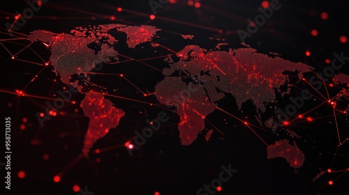 Fototapeta Naklejka Na Ścianę i Meble -  Sleek world map on a dark background with red mesh lines and dots, indicating global cybersecurity threats