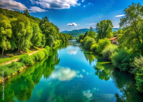 Serene Amo River flows gently through lush green vegetation, its tranquil waters reflecting the surrounding Italian