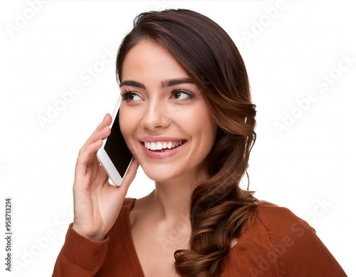  Happy Young Woman Using Cell Phone, Isolated- A joyful young woman captured mid-convers_1(139) photo