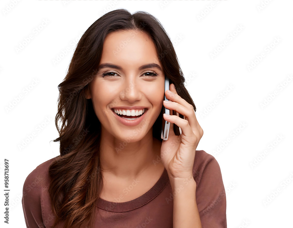 Happy Young Woman Using Cell Phone, Isolated- A joyful young woman captured mid-conversatio_1(138) Happy Young Woman Using Cell Phone, Isolated- A joyful young woman captured mid-conversatio_1(138)