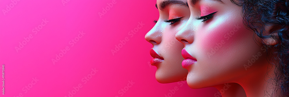 Close-up profile of two women with bold makeup against a vibrant pink background. Close-up profile of two women with bold makeup against a vibrant pink background.
