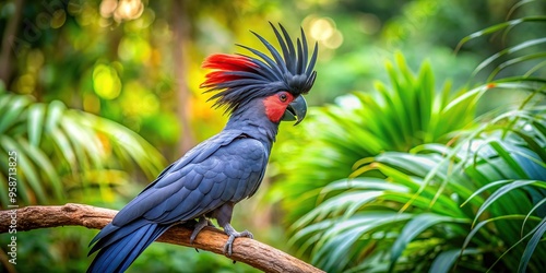 perched, beak, nature,black palm cockatoo, wildlife photography, Black palm cockatoo perched on a branch displaying its majestic fanned out crest set against a lush forest backdrop photo