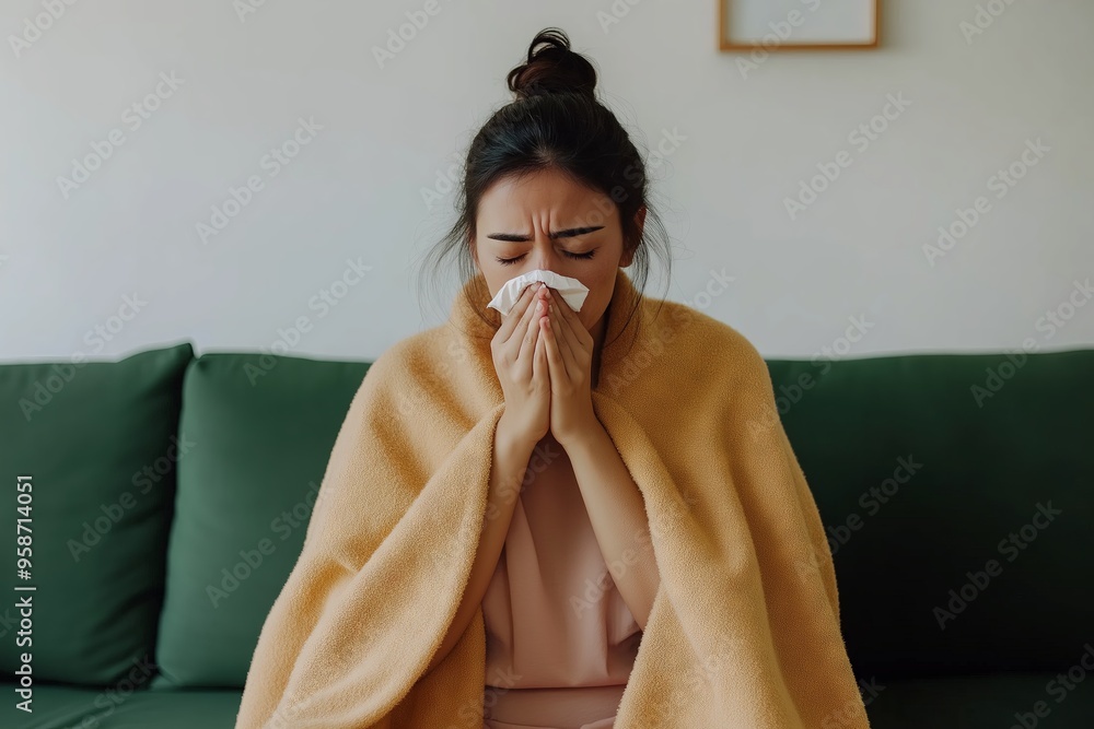 Person sneezing into a tissue, wrapped in a beige blanket, sitting on a couch and suffering from flu or cold symptoms.
Person sneezing into a tissue, wrapped in a beige blanket, sitting on a couch and suffering from flu or cold symptoms.