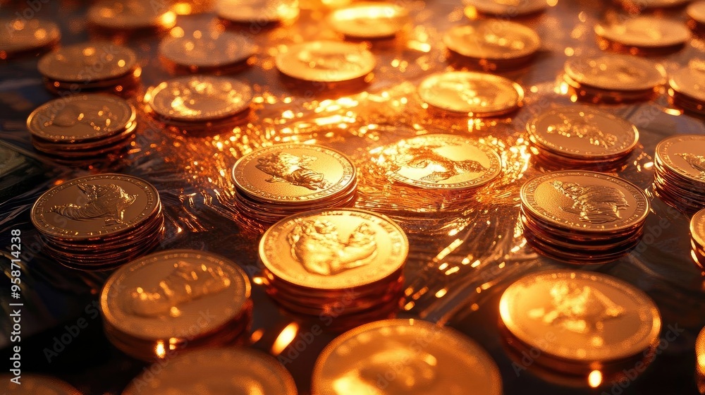 A stunning collection of gleaming golden coins arranged in a mesmerizing pattern, perfect for financial themes and concepts. A stunning collection of gleaming golden coins arranged in a mesmerizing pattern, perfect for financial themes and concepts.