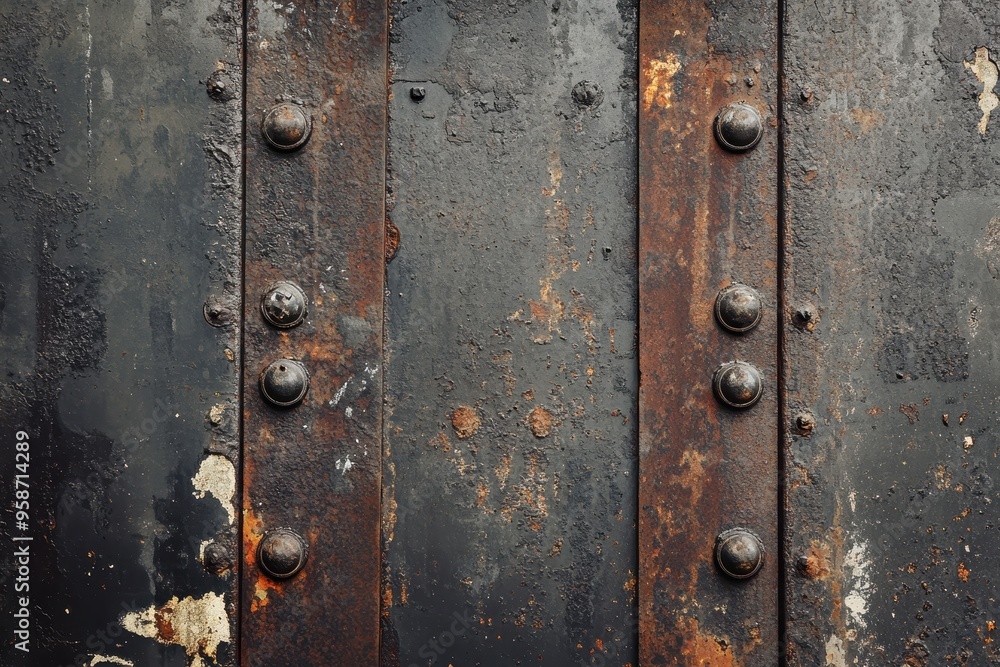 Fototapeta premium Close-up of Rusted Metal with Rivets and Flaking Paint