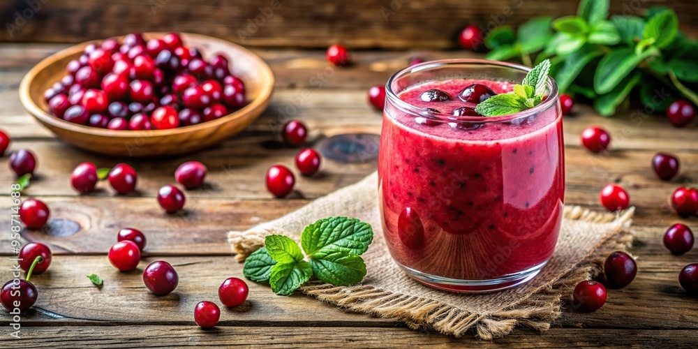 antioxidants, refreshing, fruit, food, drink, vitamins, nutrition, ingredients, A close up shot of a freshly prepared cranberry smoothie with colorful ingredients on a wooden table
