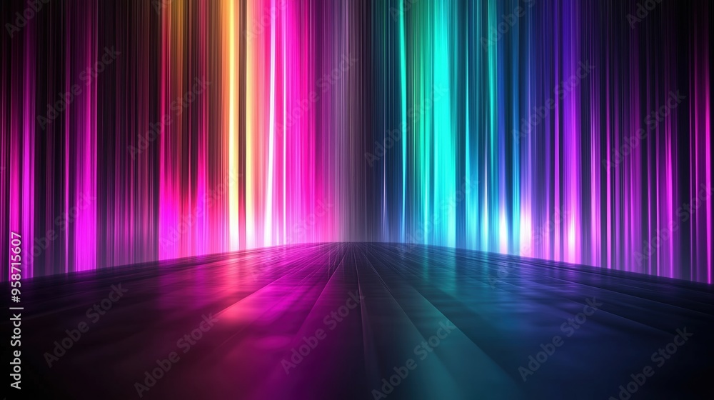 Colorful spectrum background featuring vibrant vertical stripes and glowing light rays on a dark backdrop. The neon multicolored lights create a stunning gradient effect, with rainbow colors blending Colorful spectrum background featuring vibrant vertical stripes and glowing light rays on a dark backdrop. The neon multicolored lights create a stunning gradient effect, with rainbow colors blending