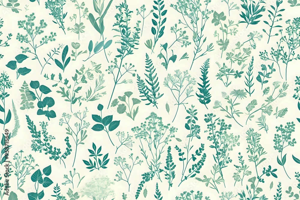 Fototapeta premium seamless botanical pattern featuring hand-drawn green plant illustrations on a light background, creating a vintage and natural aesthetic. Ideal for fabric design, wallpaper, or eco-friendly product