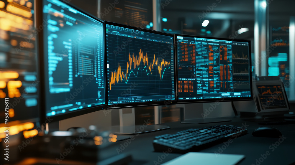 High tech financial analysis setup with multiple monitors displaying charts and data trends. atmosphere is focused and analytical. High tech financial analysis setup with multiple monitors displaying charts and data trends. atmosphere is focused and analytical.
