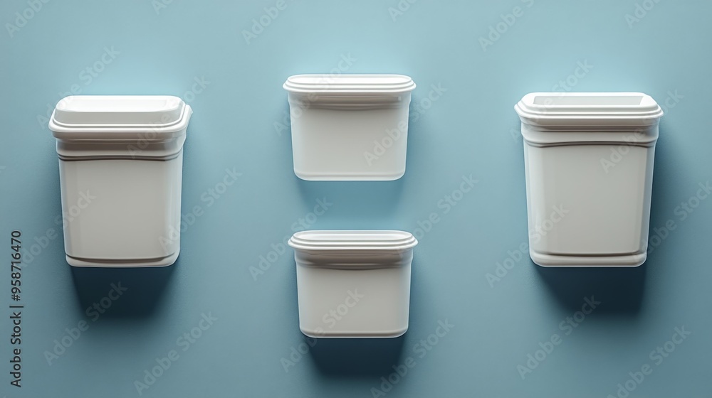 Set of Modern White Trash Bins on a Blue Background Generative AI Set of Modern White Trash Bins on a Blue Background Generative AI