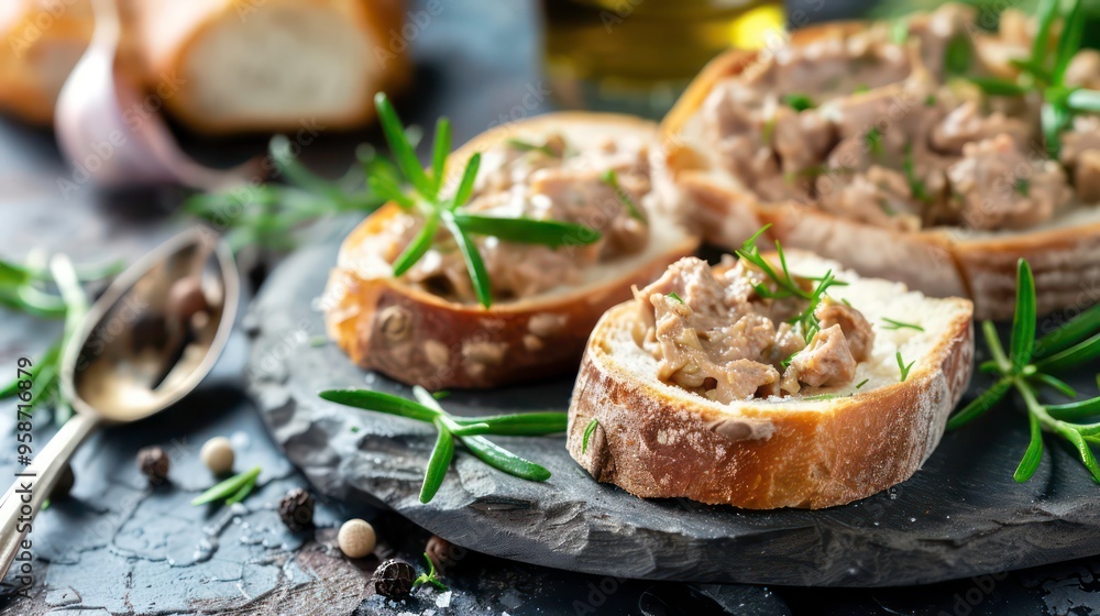 Three slices of bread topped with savory spread, garnished with rosemary sprigs, on a black slate board. Three slices of bread topped with savory spread, garnished with rosemary sprigs, on a black slate board.
