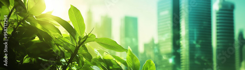 Lush green leaves in focus with backdrop of modern skyscrapers, symbolizing harmony between nature and urban life.