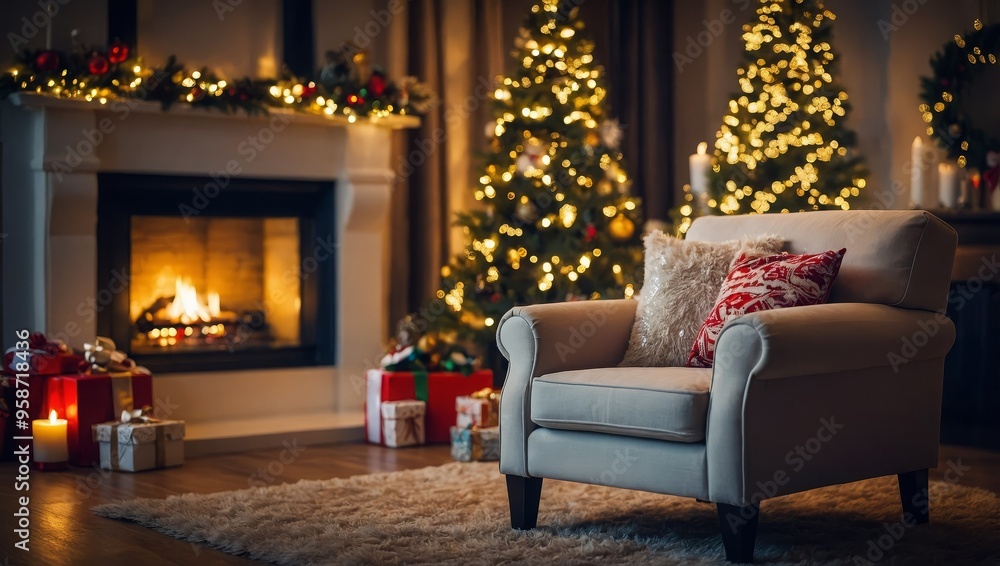 Christmas room with fireplace, an armchair and a Christmas tree with gifts Christmas room with fireplace, an armchair and a Christmas tree with gifts