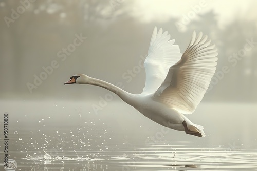 Fototapeta Naklejka Na Ścianę i Meble -  A graceful swan takes off from the water in a serene, misty morning scene, with droplets scattering as its wings lift. Ideal for nature photography, wildlife, or peaceful landscape projects.