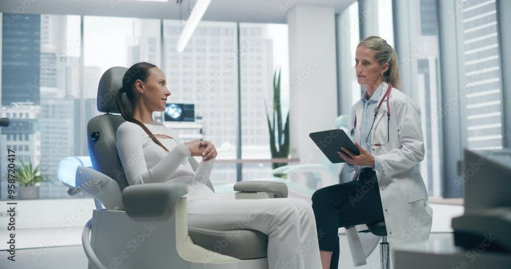 Female Doctor Consults With Female Patient in a High-tech Medical Lab, Discussing Innovative Healthcare Solutions. the Futuristic Clinic Features Advanced Technology and Modern Design Elements. Female Doctor Consults With Female Patient in a High-tech Medical Lab, Discussing Innovative Healthcare Solutions. the Futuristic Clinic Features Advanced Technology and Modern Design Elements.