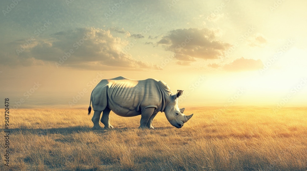Fototapeta premium White Rhino in a Golden Field at Sunset