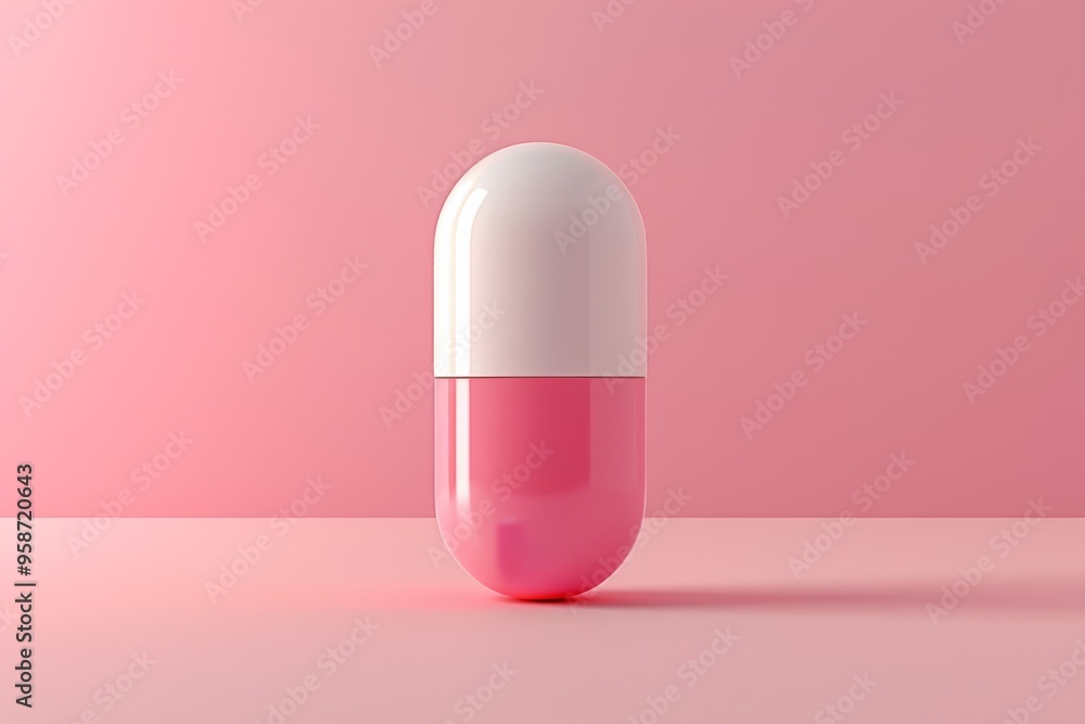 Rendered in 3D mock-up style, a white and pink capsule pill with modernist design is elegantly showcased against a light white background in minimalist product photography. Rendered in 3D mock-up style, a white and pink capsule pill with modernist design is elegantly showcased against a light white background in minimalist product photography.