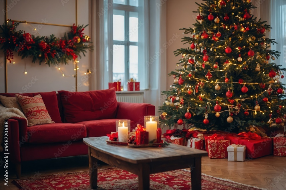 Beautiful festively decorated room with a Christmas tree. Cozy living room in red tones with a stylish classic decor Beautiful festively decorated room with a Christmas tree. Cozy living room in red tones with a stylish classic decor