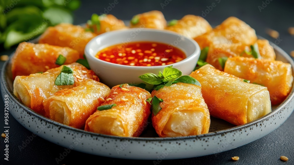 Delicious golden spring rolls served on a plate with a small bowl of sweet chili sauce and fresh herbs for garnish. Delicious golden spring rolls served on a plate with a small bowl of sweet chili sauce and fresh herbs for garnish.