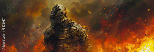 Fierce Arena: A battle-hardened warrior, clad in armor, stands before a raging fire. photo