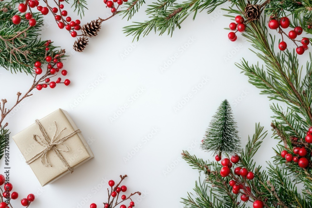 Christmas Gift Box Decorated with Pine Branches, Berries, and Pine Cones Christmas Gift Box Decorated with Pine Branches, Berries, and Pine Cones