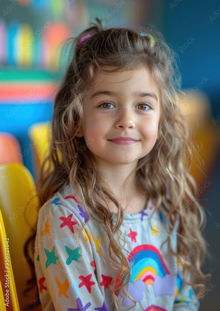 A young girl with long hair is sitting in a yellow chair A young girl with long hair is sitting in a yellow chair