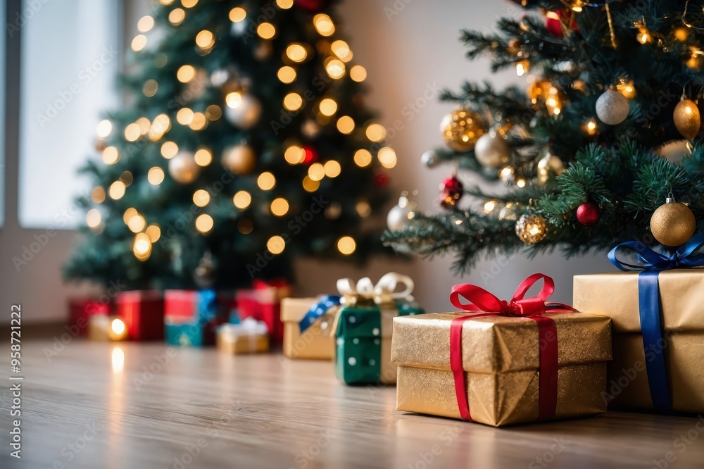 Christmas and new year background - gift boxes and stars near decorated christmas tree and copy space over white wall with lights Christmas and new year background - gift boxes and stars near decorated christmas tree and copy space over white wall with lights