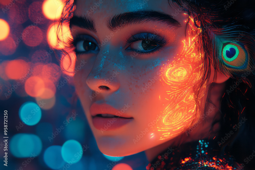 A cyberpunk-inspired illustration of a woman in a futuristic cityscape, her outfit designed with neon peacock feather motifs that light up against a dark background, A cyberpunk-inspired illustration of a woman in a futuristic cityscape, her outfit designed with neon peacock feather motifs that light up against a dark background,