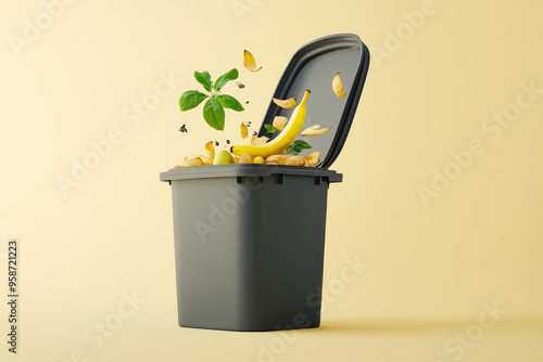 A gray recycling bin filled with banana peels and fruit waste, standing on a yellow background, representing sustainable waste management and composting.

