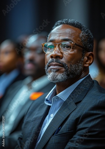 A man in a suit and glasses is sitting in a room with other people