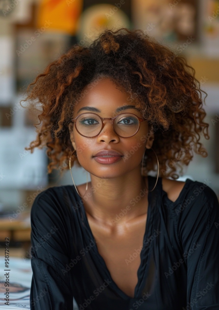 A woman with curly hair and glasses is sitting in a black shirt A woman with curly hair and glasses is sitting in a black shirt