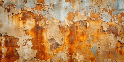 Detailed Background of Rusty Damage on Concrete Wall Surface: Showcasing Weathered, Corroded Texture with Industrial Wear.