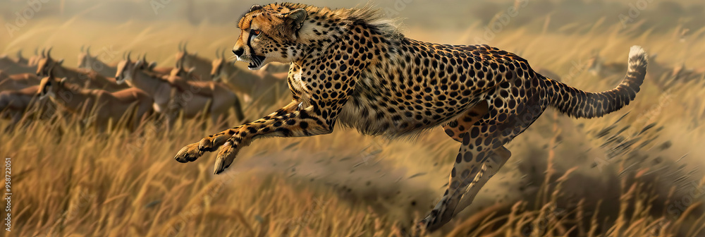 Obraz premium A cheetah, its muscles taut and spotted fur glistening, chases a herd of gazelles across the savannah.