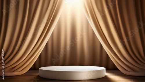 Golden Hour: Draped Silk with Sunlit Spotlight and Empty Podium