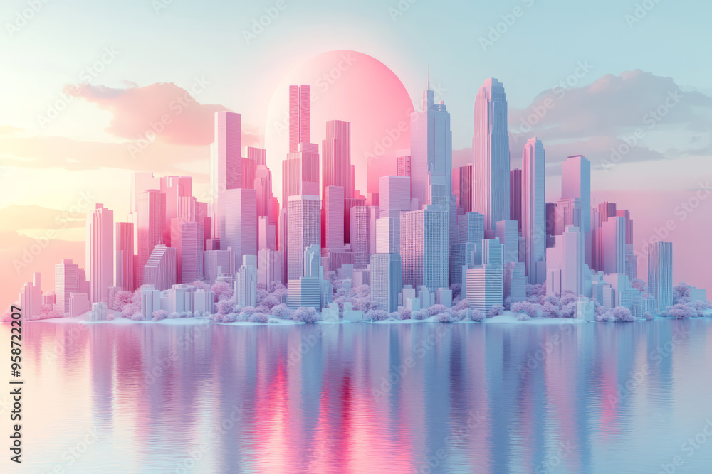 Fototapeta premium Abstract city skyline composed of geometric shapes in soft pastel pink and lavender, isolated on a pale blue background,