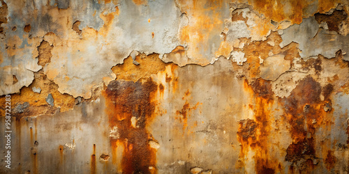 Detailed Background of Rusty Damage on Concrete Wall Surface: Showcasing Weathered, Corroded Texture with Industrial Wear.