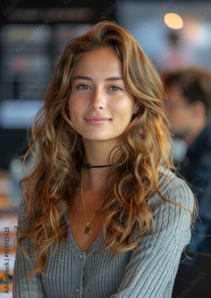 A woman with long brown hair is smiling at the camera A woman with long brown hair is smiling at the camera