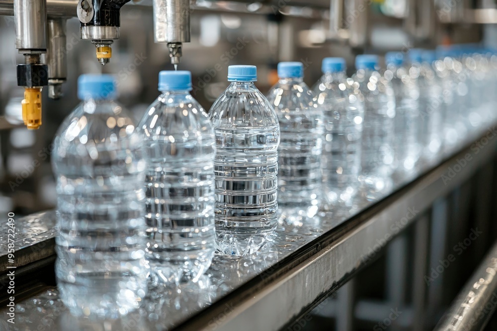 Bottled Water Conveyor Belt in a Production Plant Bottled Water Conveyor Belt in a Production Plant