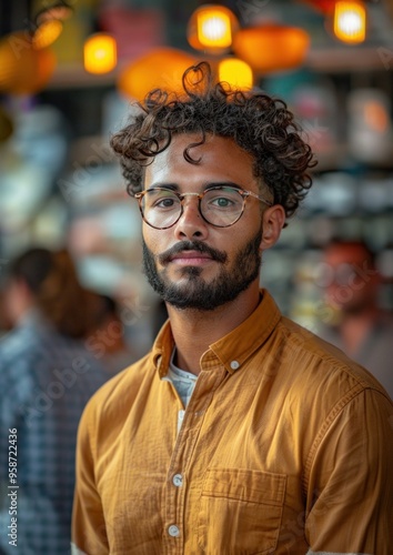 A man with glasses and a beard is wearing a yellow shirt