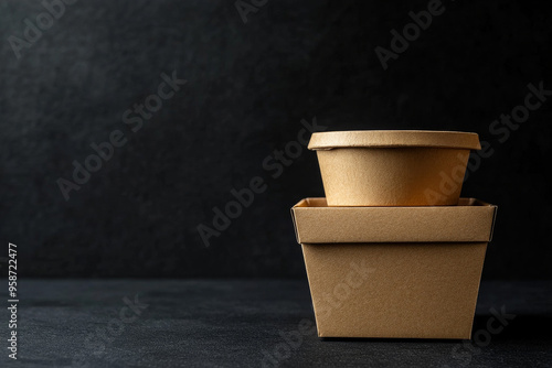 Two kraft biodegradable takeaway containers stacked against a dark background, showcasing minimalistic eco-friendly packaging for food delivery and storage.