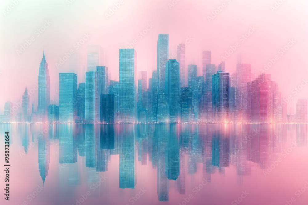 A minimalist city skyline with buildings represented by simple squares and rectangles in pastel green and blue tones, isolated on a pastel pink background, A minimalist city skyline with buildings represented by simple squares and rectangles in pastel green and blue tones, isolated on a pastel pink background,