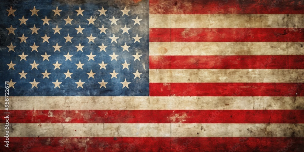 Naklejka premium Old vintage red, white, and blue American flag. Background for Veterans Day, Memorial Day, and Independence Day